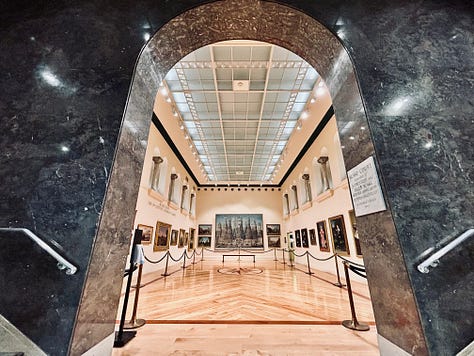 arch, gallery, display, paintings, floor, skylight