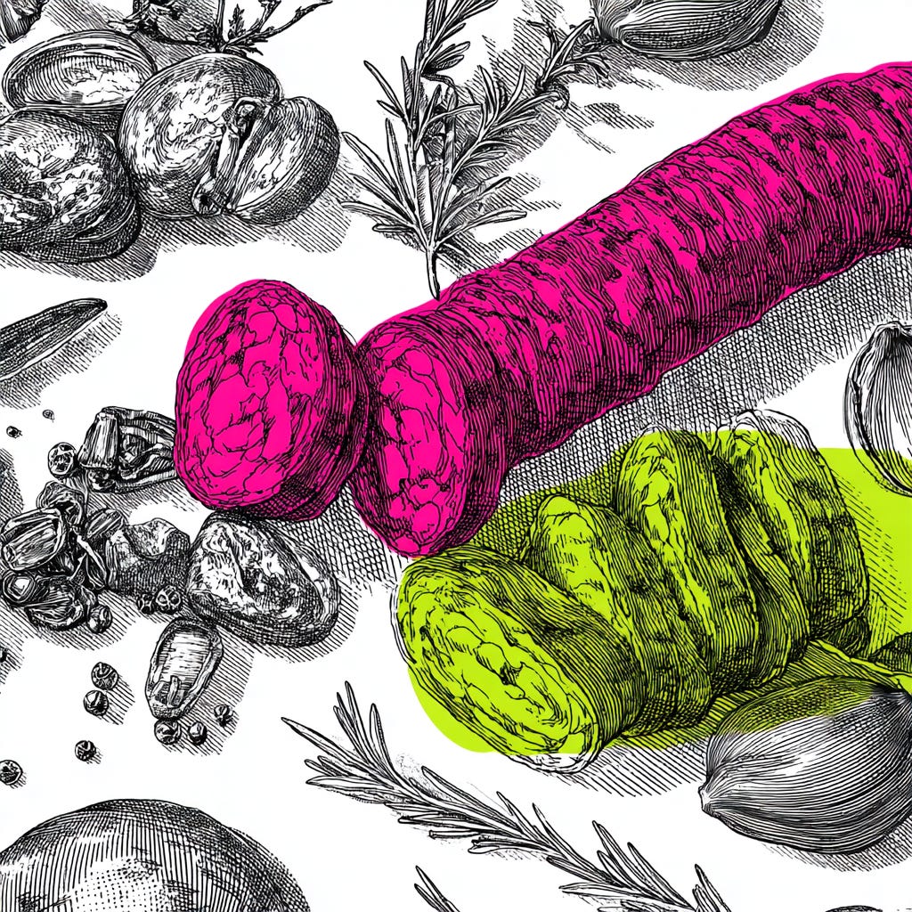 A graphical key visual with a salami cut into pieces in the style of a colorful black and white very thin lines sketch with one accent color on the main subject — Use for accent colors pink #e11a72 and green #65a30d color. The rest of the image should be black and white. If the user ask for anothe accent color, change it accordingly. — The image orientation should be square. — The style should be conceptual image, close-up focus, with juxtaposition and vivid accent color contrasting with the res A graphical key visual with a salami cut into pieces in the style of a colorful black and white very thin lines sketch with one accent color on the main subject — Use for accent colors pink #e11a72 and green #65a30d color. The rest of the image should be black and white. If the user ask for anothe accent color, change it accordingly. — The image orientation should be square. — The style should be conceptual image, close-up focus, with juxtaposition and vivid accent color contrasting with the res