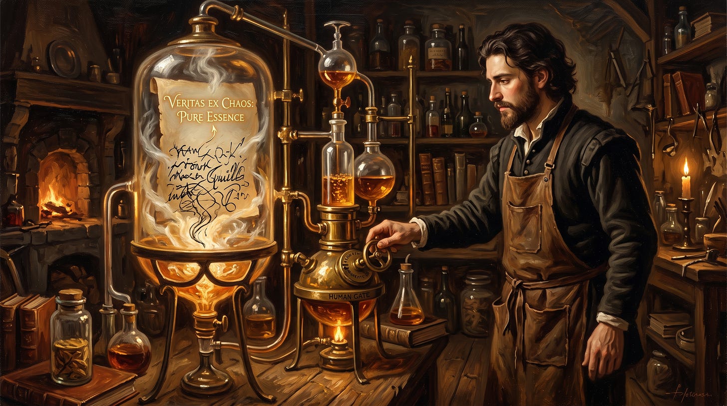 A clockmaker refines a manuscript inside a glass machine, representing Claude /loop improving drafts in repeated passes.