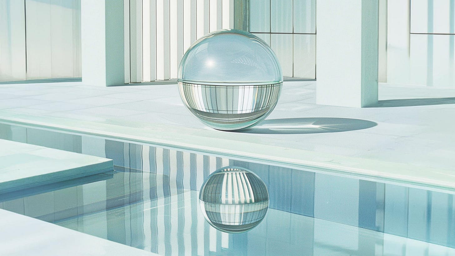 A glass sphere placed next to a swimming pool in a clean architectural environment. A glass sphere placed next to a swimming pool in a clean architectural environment.