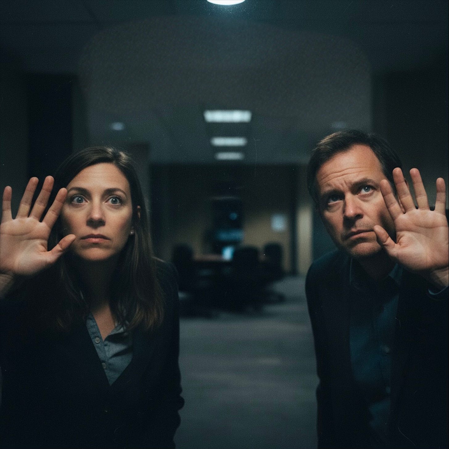 Two adults press their faces against a closed glass door, symbolizing waiting for proof instead of choosing who to become.