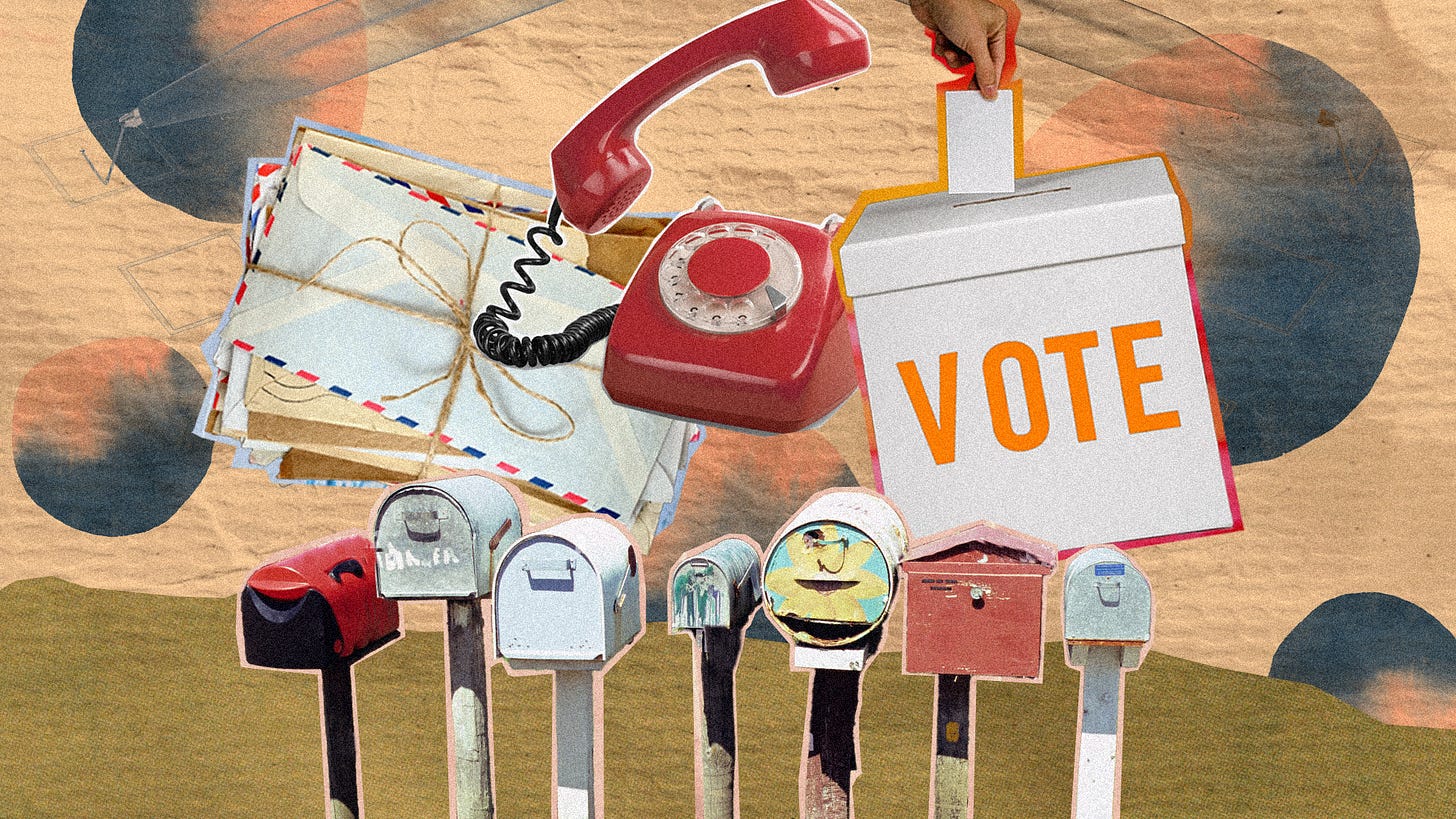 A collage of letterboxes, a ballot box that says “VOTE”, a red telephone and a stack of envelopes secured in twine over a painted brown paper background
