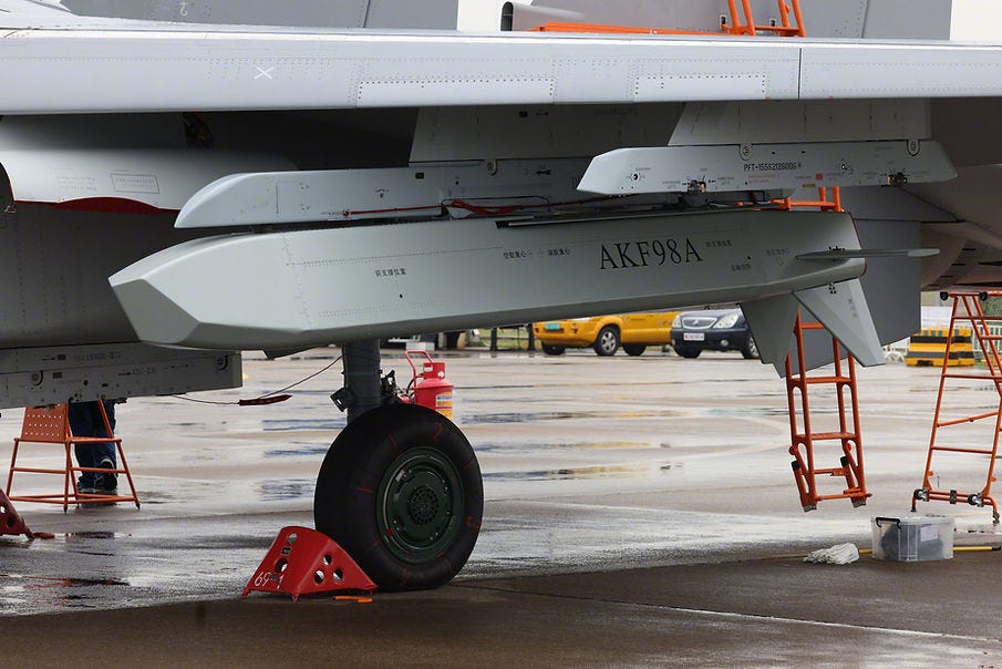 A KF-98A air-launched cruise missile carried by a PLAAF J-16 multirole fighter at the 2022 Zhuhai Airshow A KF-98A air-launched cruise missile carried by a PLAAF J-16 multirole fighter at the 2022 Zhuhai Airshow