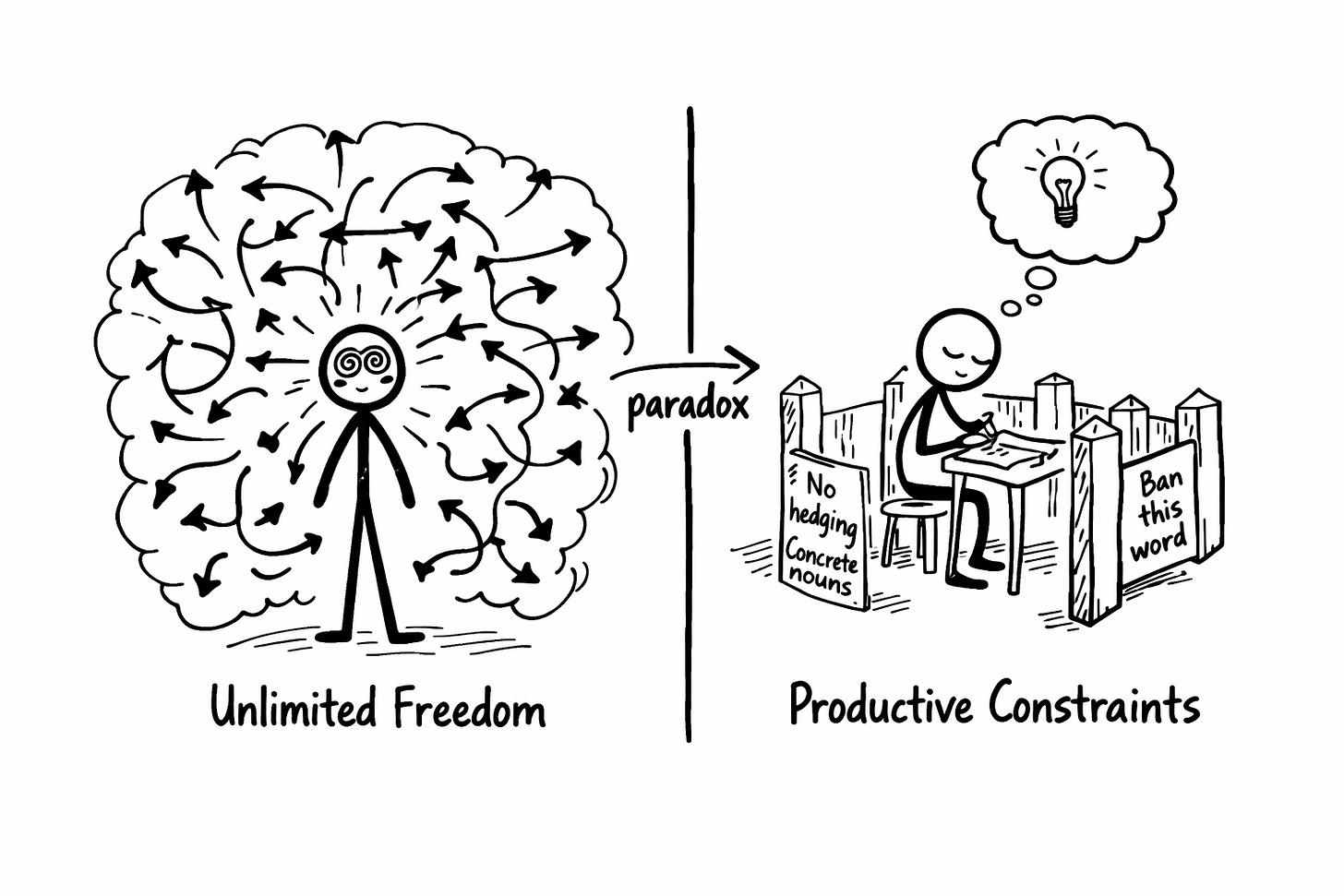 Hand-drawn black Sharpie illustration on white paper comparing creative processes. Left side shows a stick figure overwhelmed by unlimited freedom, surrounded by chaotic arrows pointing in all directions and labeled “Unlimited Freedom.” Right side shows the same figure calmly writing inside a small fenced workspace labeled “Productive Constraints,” with rule signs reading “No hedging,” “Concrete nouns,” and “Ban this word.” An arrow labeled “paradox” connects the two, illustrating how creative constraints improve focus and originality in AI-assisted writing.