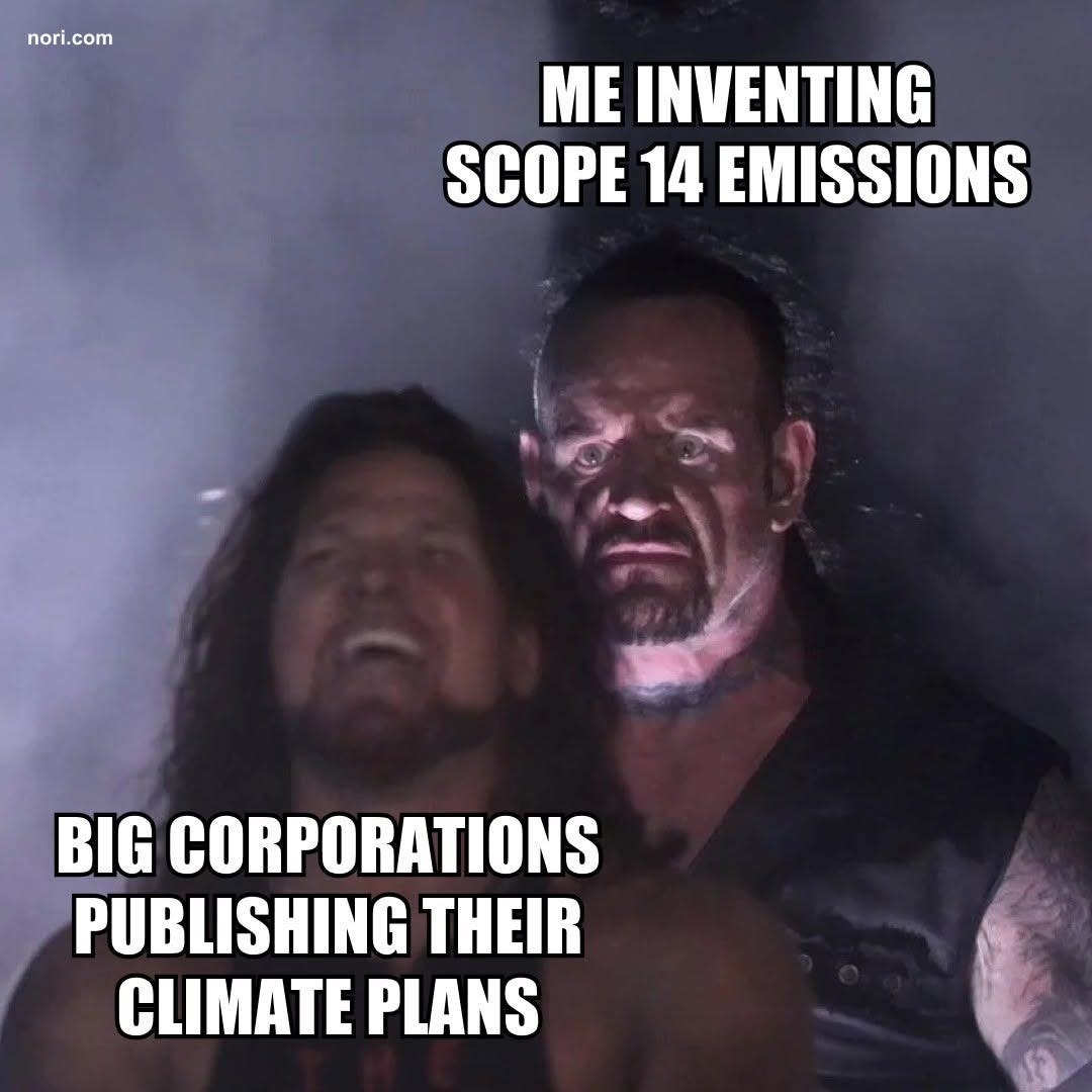 Undertaker creeping up behind a smiling wrestler. The Undertaker is labelled "Me inventing Scope 14 emissions"; the wrestler is "Big corporations publishing their climate plans".