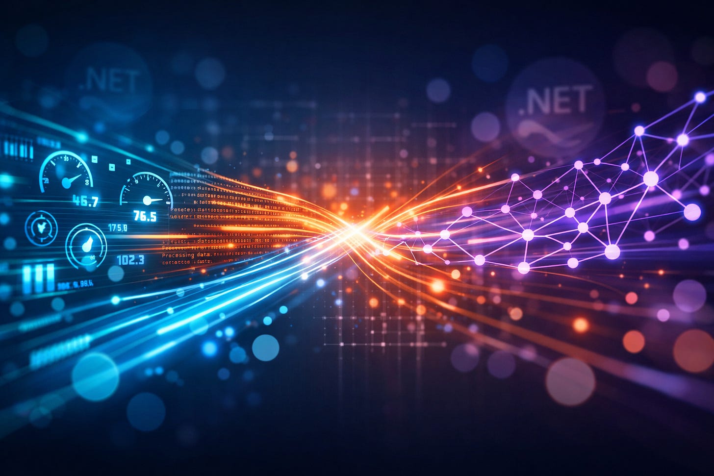 Three streams of data visualization converge: cyan metrics gauges, orange logging text, and purple distributed tracing nodes in a .NET digital space. Three streams of data visualization converge: cyan metrics gauges, orange logging text, and purple distributed tracing nodes in a .NET digital space.