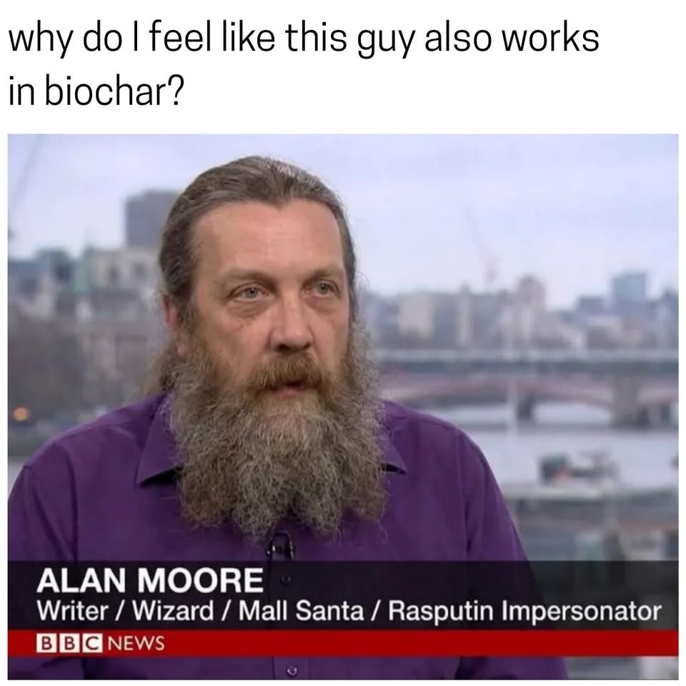 A BBC News still of Alan Moore with a long beard, captioned "Writer / Wizard / Mall Santa / Rasputin Impersonator," under the text "why do I feel like this guy also works in biochar?"