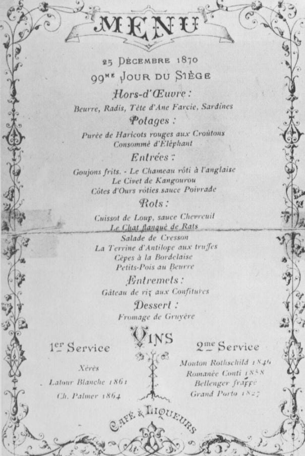 Christmas Day menu at the restaurant Voisin, Paris, 1870.