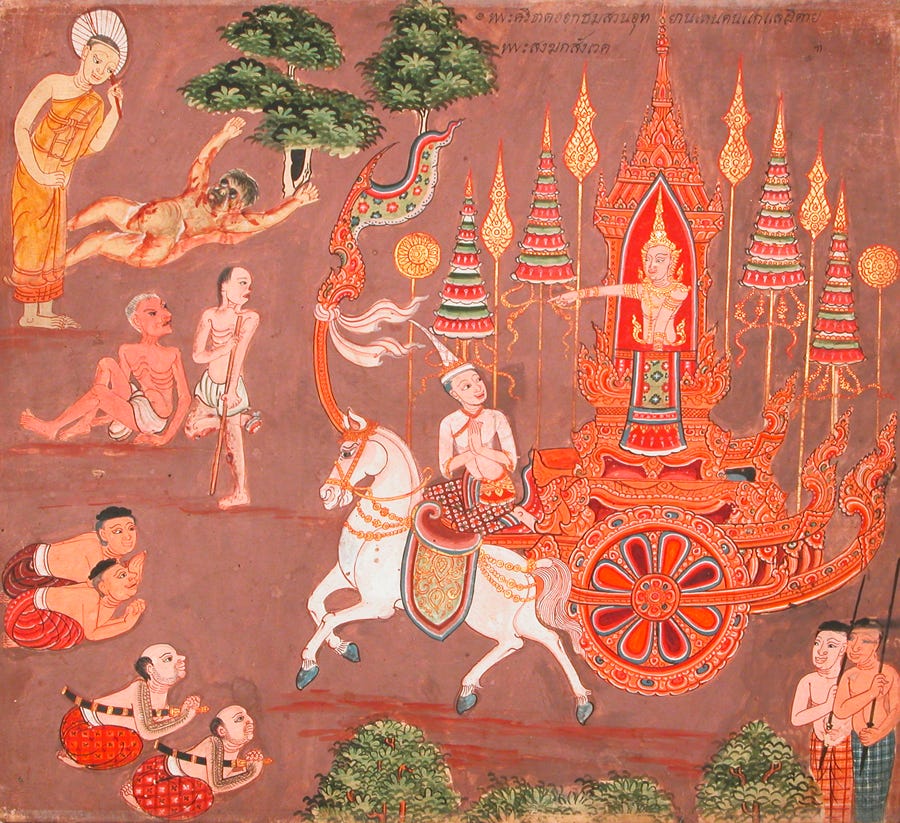Die vier Begegnungen des Prinzen Siddhartha. - Aus der Bilderhandschrift Die vier Begegnungen des Prinzen Siddhartha. - Aus der Bilderhandschrift