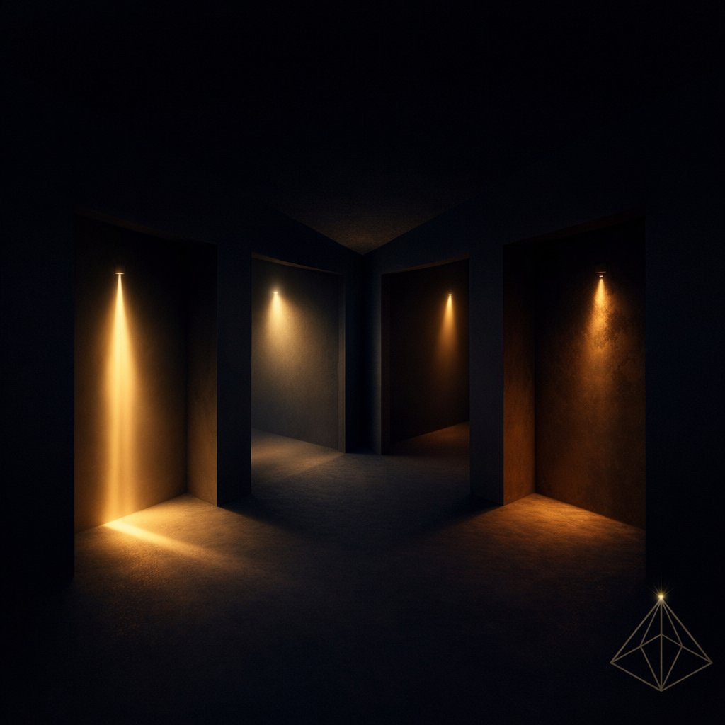 The Visible Practitioner Authority post April 2026. Four diverging corridors with different qualities of gold light representing four AI platforms returning structurally different answers to the same generative search query.