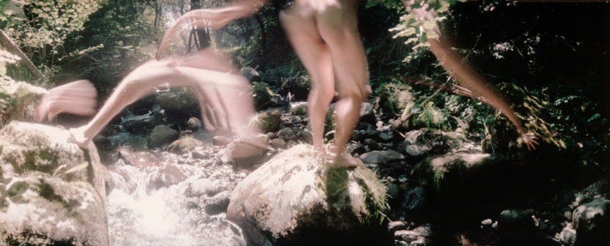 Na foto, é possível ver uma pessoa nua sobre uma pedra, entre riachos e árvores. Porém a imagem é borrada, como se a pessoa estivesse em movimento, e seus membros não ficam muito nítidos.