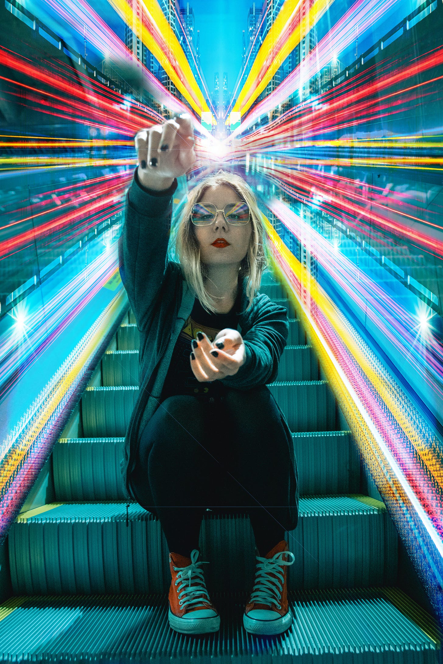 A woman with light hair and glasses sits on an escalator. Neon beams of color stretch behind her. 