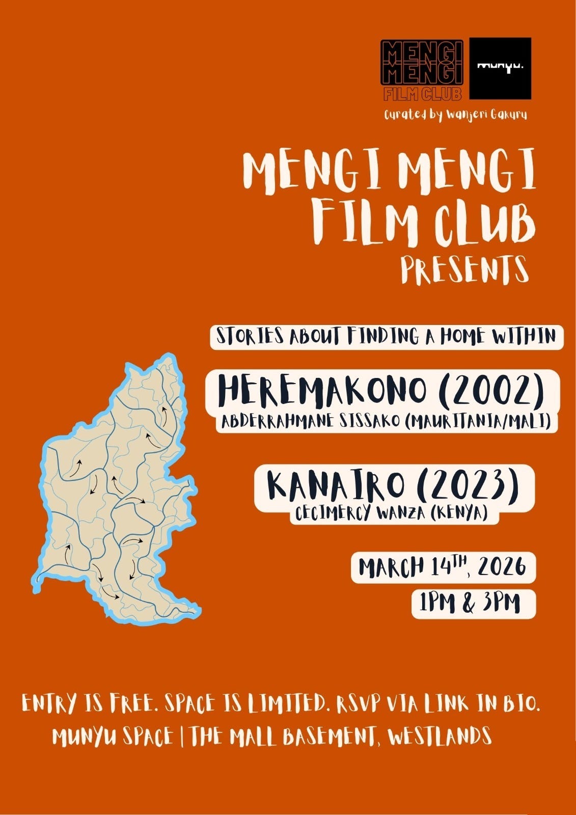 Mengi Mengi Film Club presents Stories about finding a home within. Heremakono (2002), directed by Abderrahmane Sissako (Mauritania/ Mali) and Kanairo (2023), directed by Cecimercy Wanza (Kenya). Entry is free. Space is limited. RSVP via Link in Bio. Munyu Space. The Mall Basement, Westlands.