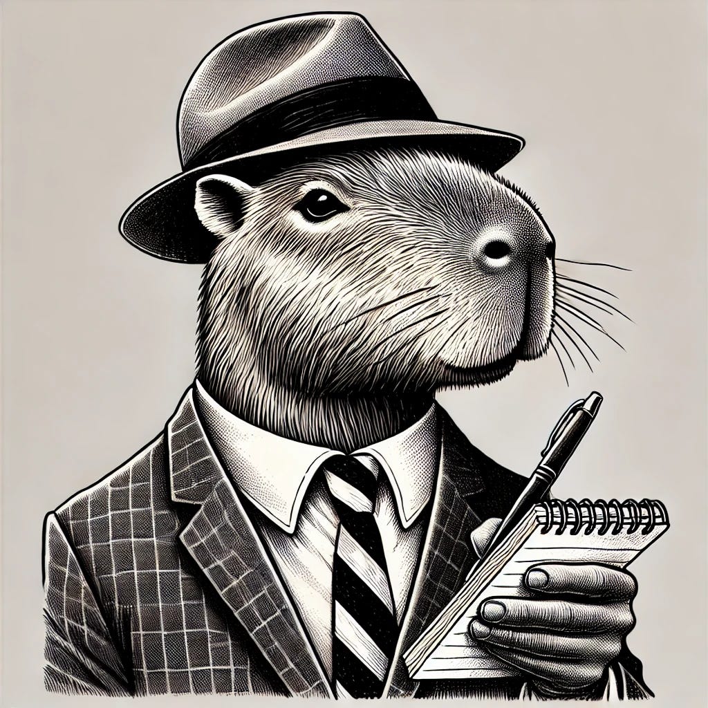 A capybara dressed in a vintage suit and tie, portraying a 1960s journalist. The capybara holds a notepad and pen, wearing a classic fedora hat. The background is neutral, focusing solely on the capybara. The illustration is in a high-contrast black and white style, using strong pen-and-ink techniques with bold cross-hatching, deep shadows, and heavy inking, reminiscent of vintage editorial cartoons.