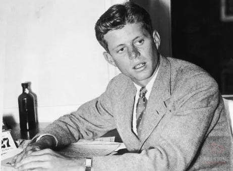 Young JFK before the war — studying the machinery of Nazi popularity before he would later witness the ruins it produced.
