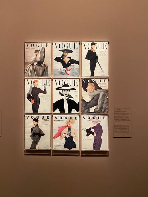 A selection of Vogue magazine covers by Irving Penn, the view from the gallery coffee shop, postcards of his photography work