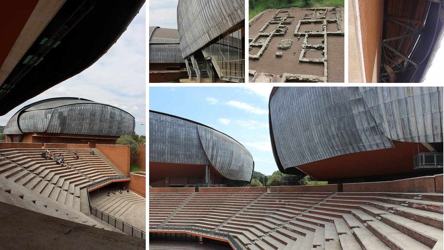 Another outstanding example worth mentioning is the Auditorium Parco della Musica in Rome designed by RPBW Renzo Piano Building Workshop. An original layout of functions thus creating additional space for an outdoor performance space and incorporating the restored ruins of an ancient Roman villa into the complex.