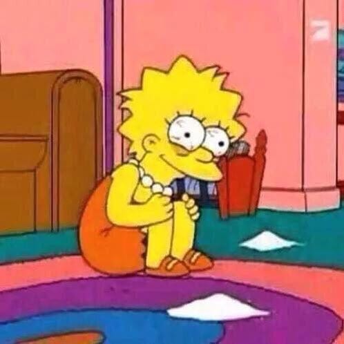 Lisa Simpson stressed out in a ball on the floor with piles of cocaine everywhere