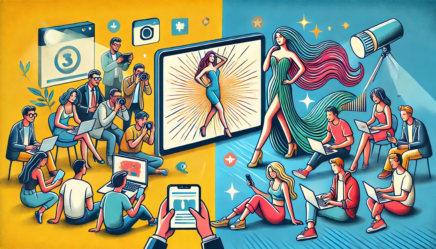 A modern illustration showing a vibrant online community versus traditional influencer culture. On one side, depict a flashy, staged influencer promoting products, with people passively watching. On the other side, show a diverse group of people actively engaged in discussion, collaborating on laptops and smartphones, creating meaningful connections. The image should convey the contrast between superficiality and authentic community building in a dynamic, engaging way.