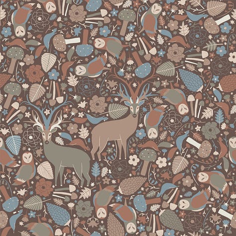 Five patterns, one half-drop damask with forest flora and fauna and in a moccha mousse palette, one scattered repeat with forest flora and fauna in a darker brown palette, including moccha mouse, one bright pattern of trees, one cheater quilt block in a blue-grey and one hand-drawn stripe in brown.