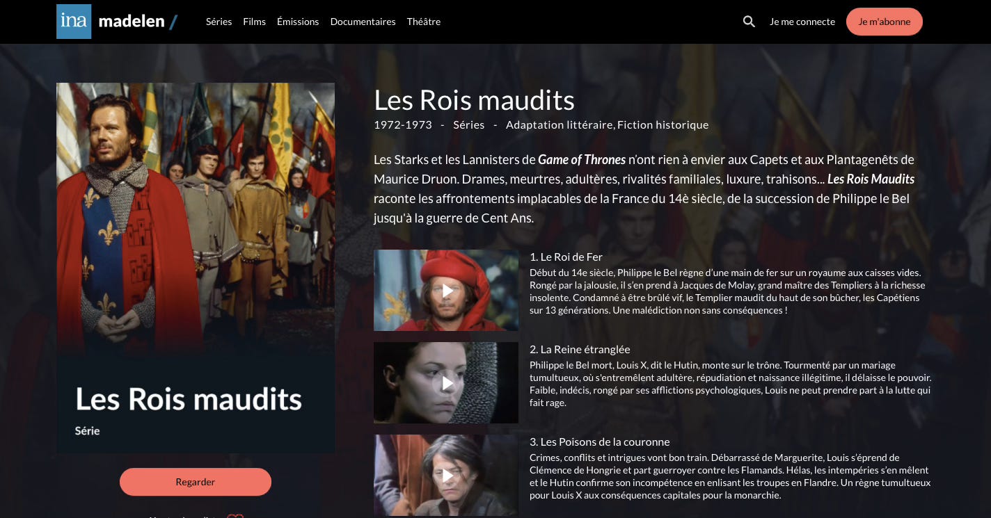 Présentation de la série Les Rois maudits sur le site de l'INA