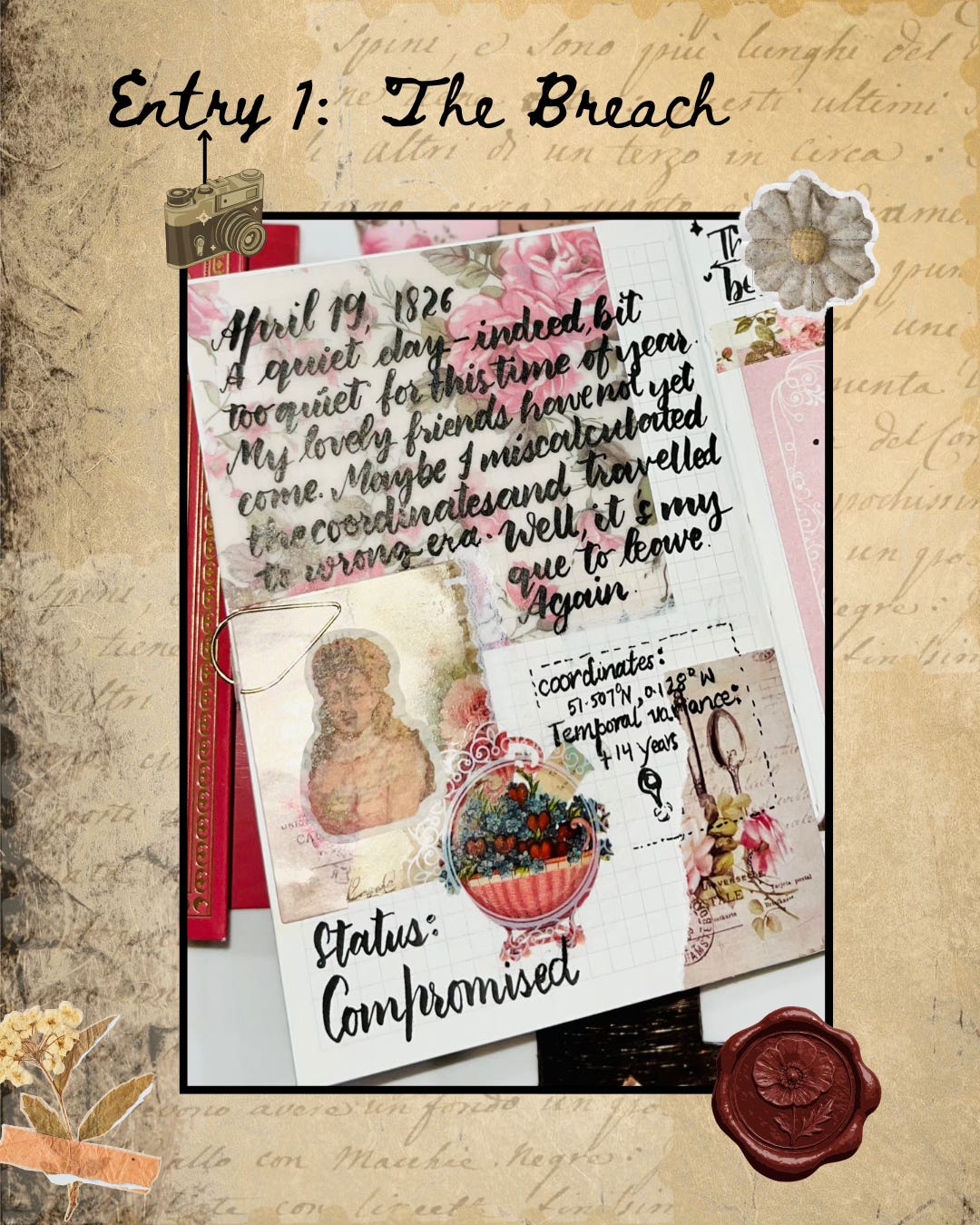 Close-up of a handwritten 1826 diary entry about a temporal miscalculation, styled with floral scrapbooking and a vintage portrait.
