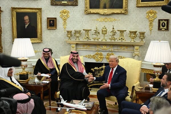 Donald Trump with Mohammed bin Salman in gaudy, gold-appointed rooms