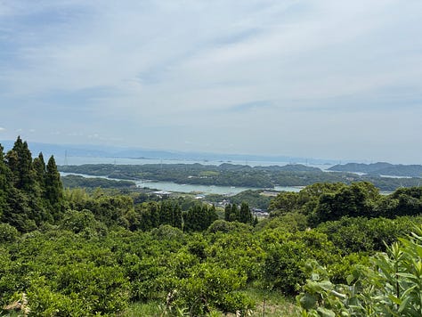 views over the Uto Peninsula and distant mountains and sea