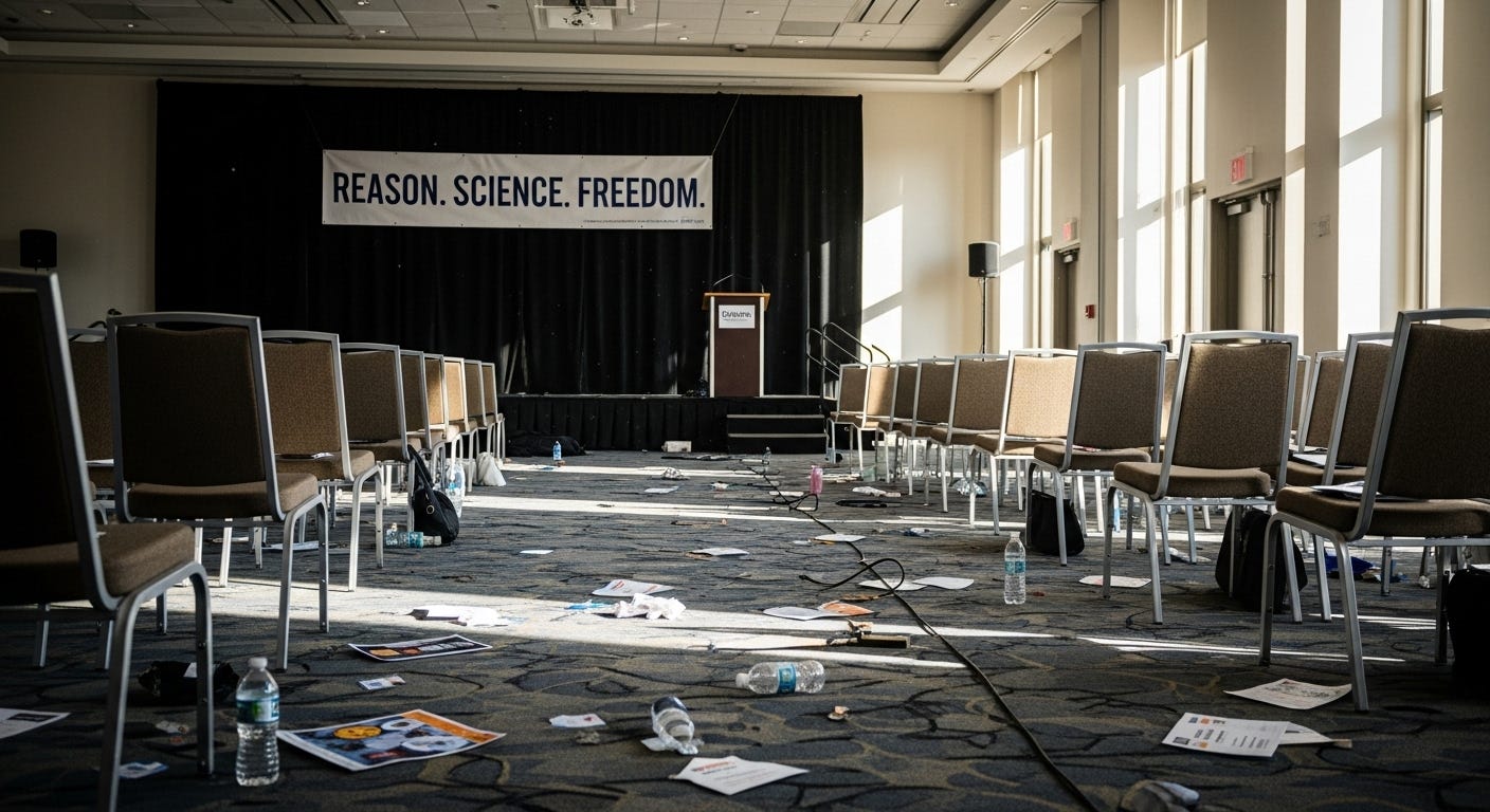 An abandoned conference hall after a New Atheism event, with empty chairs, a crooked “Reason. Science. Freedom.” banner, and sunlight streaming through tall windows, symbolizing the decline of the movement.
