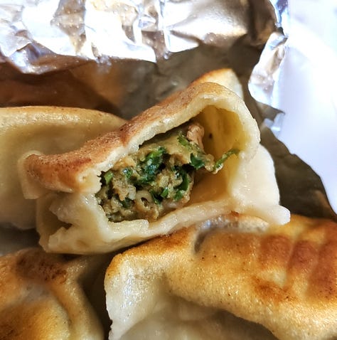 Photos of a variety of dumplings, steamed and potsticker style, with some cross sections to show the stuffing