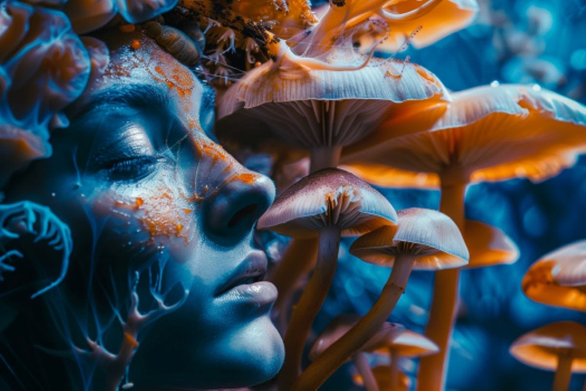 This shows a woman and mushrooms.