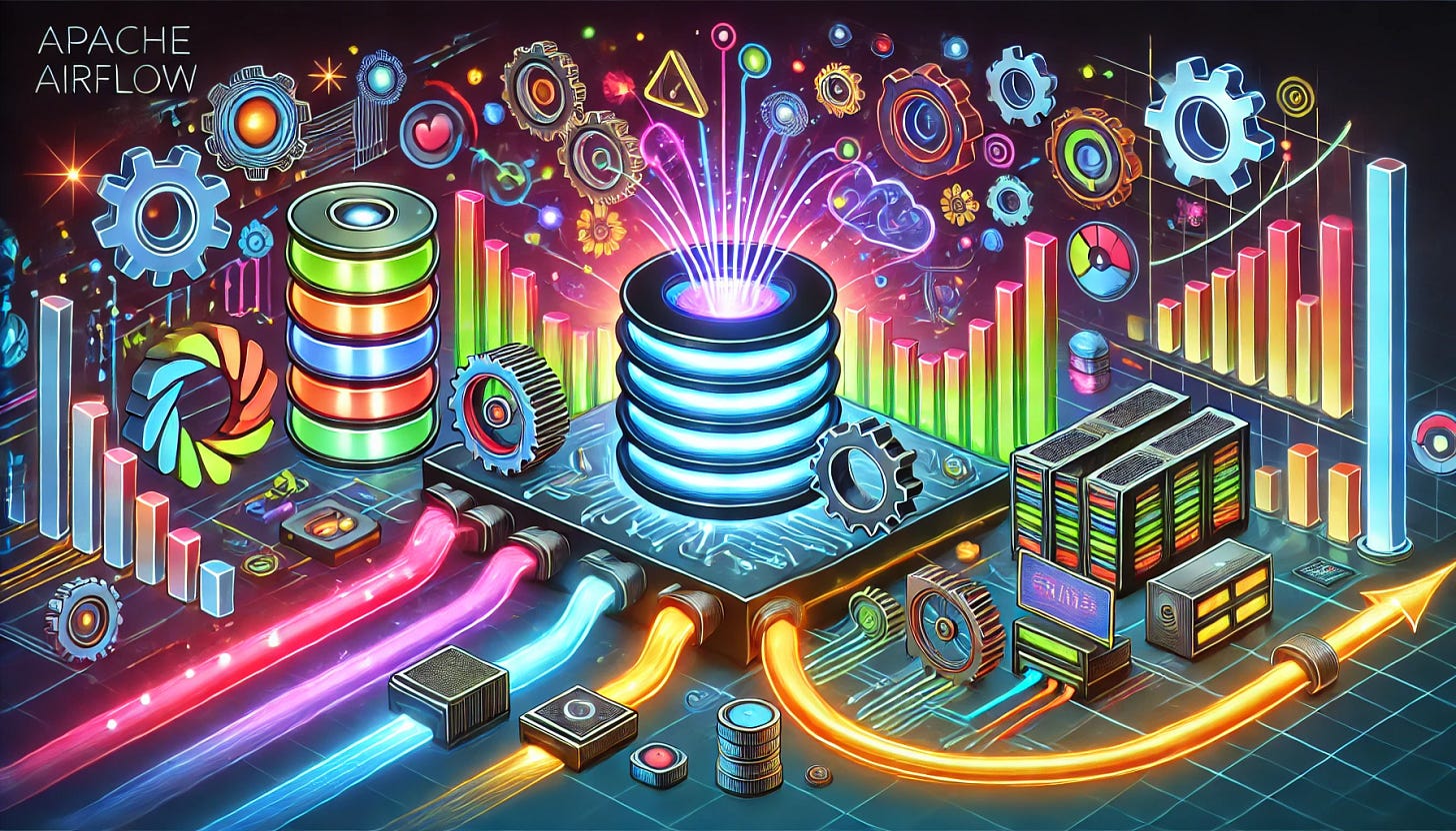 A dynamic, colorful illustration with Apache Airflow as the central orchestrator, surrounded by data processing tools like Apache Flink, OLAP databases like StarRocks, and various data sources and outputs. The scene has a futuristic, technological feel, with gears, cogs, and data flowing through interconnected systems. Apache Airflow is depicted in the center, with vibrant pipelines connecting it to other components. The background has a dark theme with neon highlights, giving a high-tech, modern look to the entire illustration.