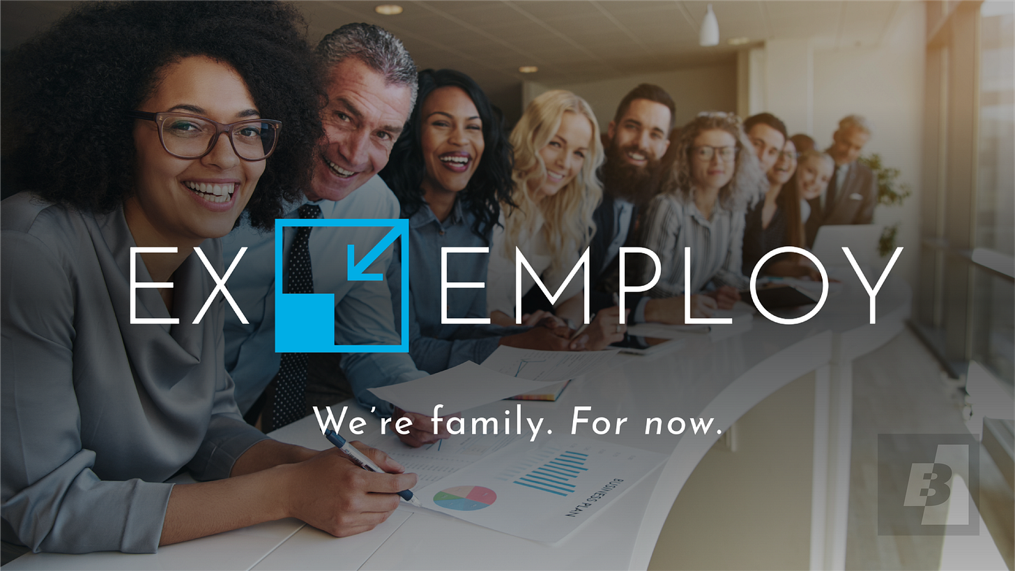 Stock image of a multicultural team sitting at a table. They all look absurdly happy and there is a very offical printout of a business plan with graphs on it.  The logo and Worldmark of the company 'ex employer' is on top. The logo is an icon of a square being resized down. Below is the text "We are family. For now"