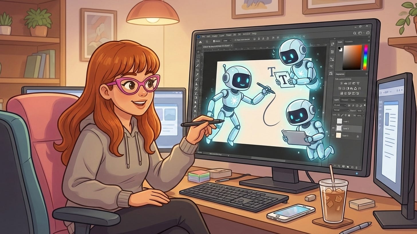 Illustrated scene of a woman with long red hair and glasses sitting at a desk, working on a large monitor displaying three friendly robot characters. The workspace includes a second monitor, coffee drink, plants, and art on shelves. The main screen shows what appears to be a design or illustration program with the AI characters being created or edited.