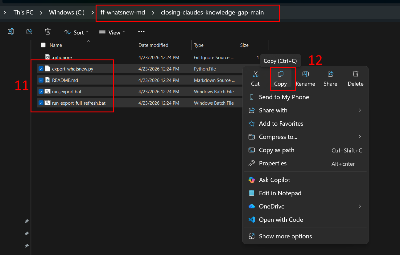 Screenshot of Windows File Explorer inside C:\ff-whatsnew-md\closing-claudes-knowledge-gap-main, with two red-outlined annotations: 11 highlights four selected files — export_whatsnew.py, README.md, run_export.bat, and run_export_full_refresh.bat — and 12 marks the "Copy" button in the right-click context menu. The .gitignore file is visible but not selected.