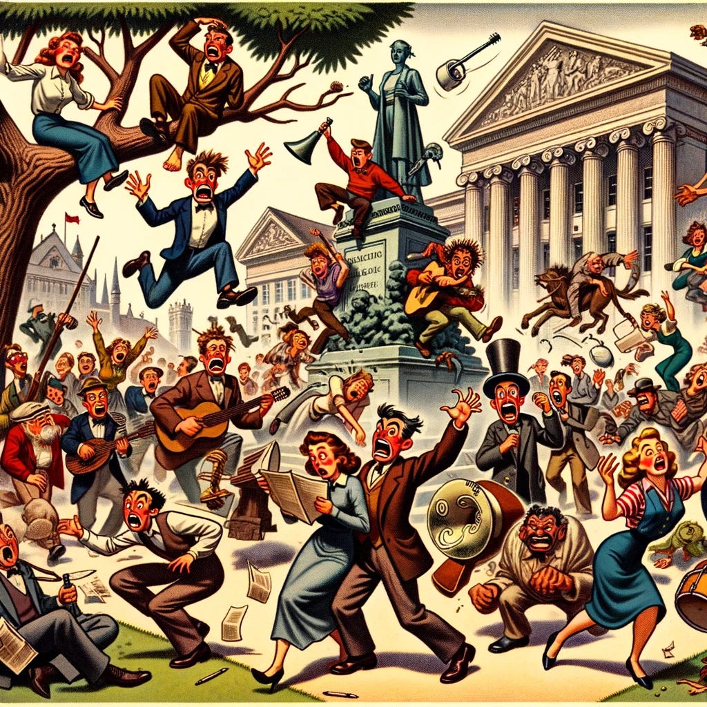 1930s style cartoon illustration of a university campus in chaos. Diverse students, with exaggerated, animated expressions, are causing a ruckus. Some are swinging from tree branches, others are dancing atop statues, and a group is playing loud, makeshift instruments. A couple of faculty members look on in sheer disbelief, trying to calm the situation but clearly overwhelmed.