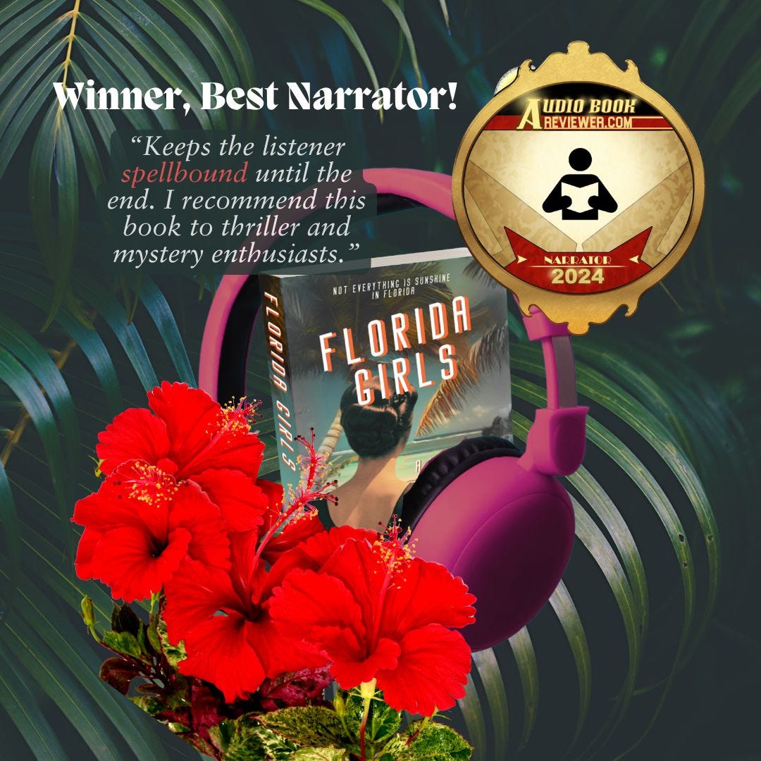 florida girls book nestled in headphones with best narrator award seal