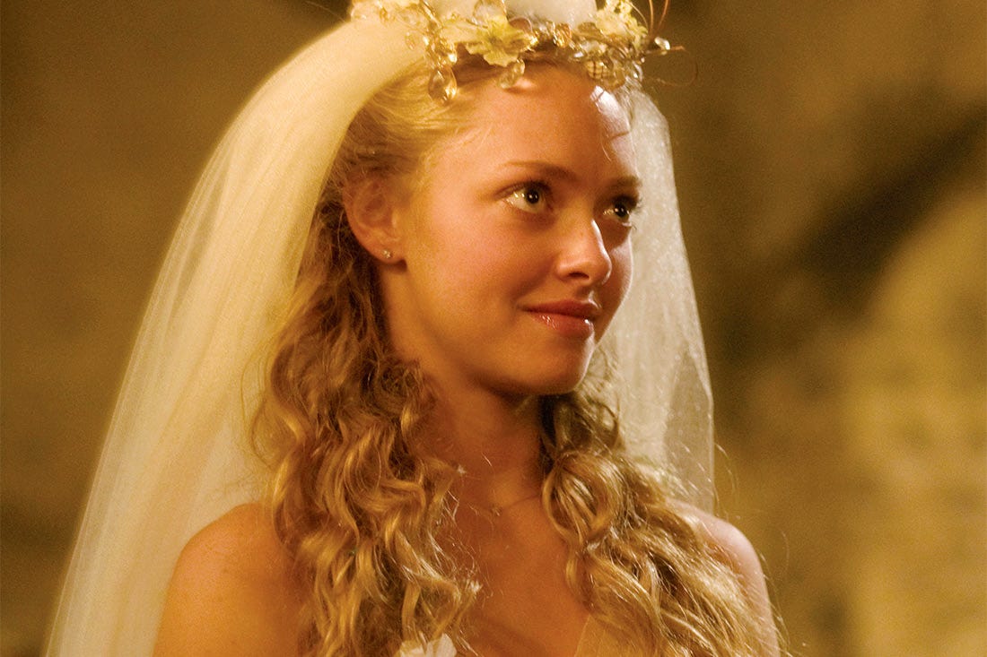Amanda Seyfried as Sophie Sheridan in Mamma Mia! during the wedding scene.