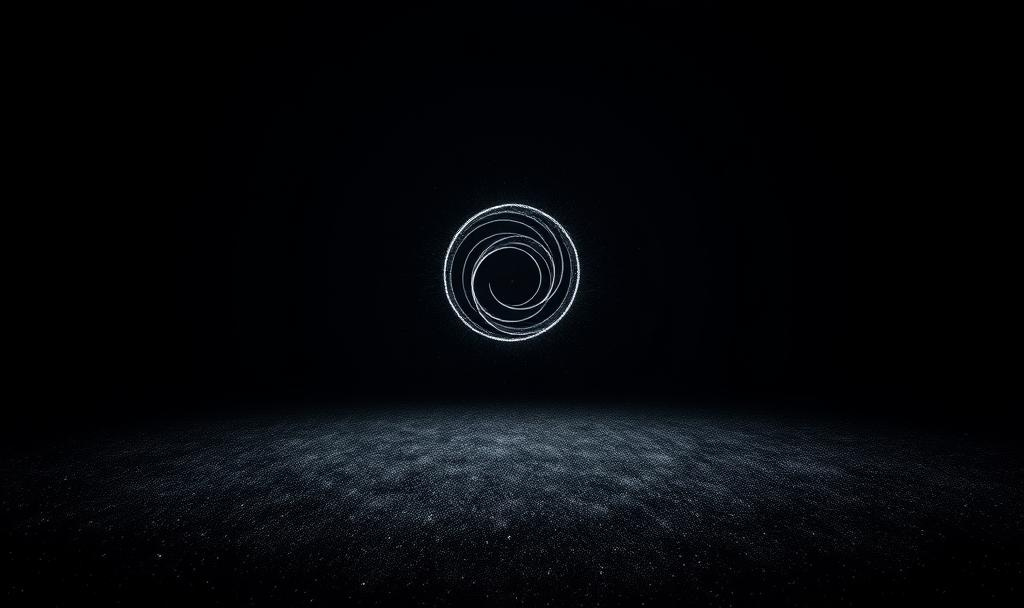 Minimalist white geometric spiral in a black space with gray particles, symbolizing the impossibility of nothing and the dissolution of the 'first cause' question.