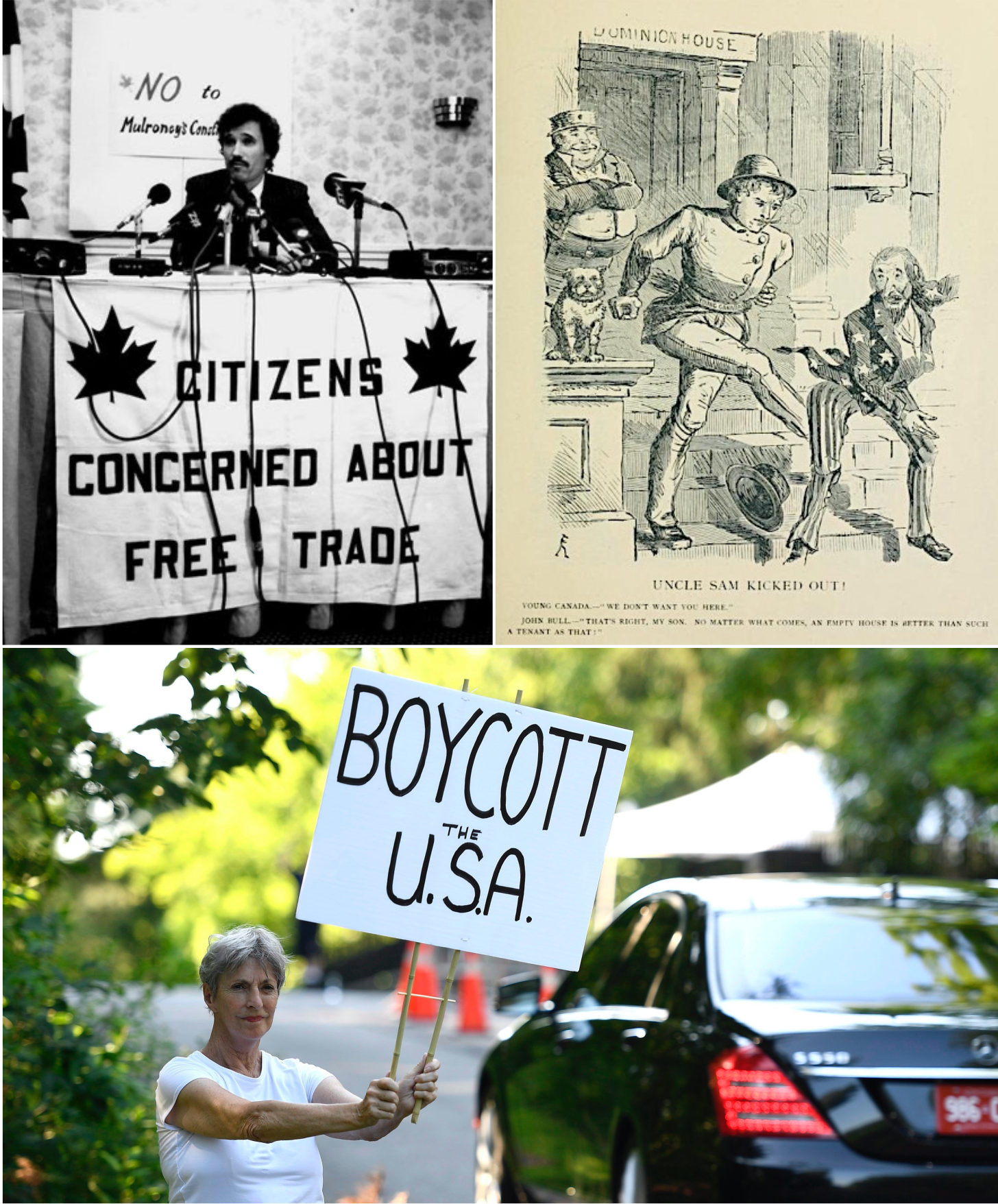 Tantrums on repeat: Canada’s anti-American outbursts are older than the nation itself, with trade disputes and boycotts – from NAFTA to today’s CUSMA era – recurring virtually every decade. Shown: (top left) activist David Orchard opposing the impending North American Free Trade Agreement (NAFTA), September 1992; (top right) an 1869 cartoon expressing anti-annexation sentiment in Canada, captioned “Uncle Sam Kicked Out!”; (bottom) a protester calling for an American boycott at Lornado, the official residence of the U.S. Ambassador to Canada, Ottawa, 2018.