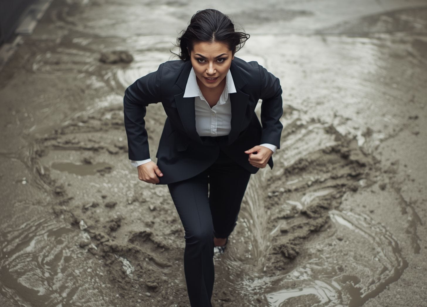 Business woman running through cement. Image courtesy of Canva.