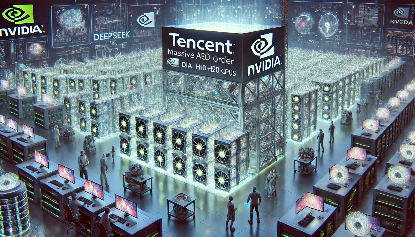 A 16:9 futuristic illustration showcasing Tencent’s massive AI investment in NVIDIA’s H20 chips. The scene features a high-tech Tencent-branded data center filled with glowing NVIDIA H20 GPUs, processing vast amounts of AI-driven data. Holographic overlays highlight the billion-RMB order and its impact on DeepSeek’s integration into WeChat. Engineers and robotic systems oversee AI workloads, symbolizing Tencent’s push to dominate the Chinese AI market. The background features a futuristic digital landscape, emphasizing competition and AI acceleration in China.