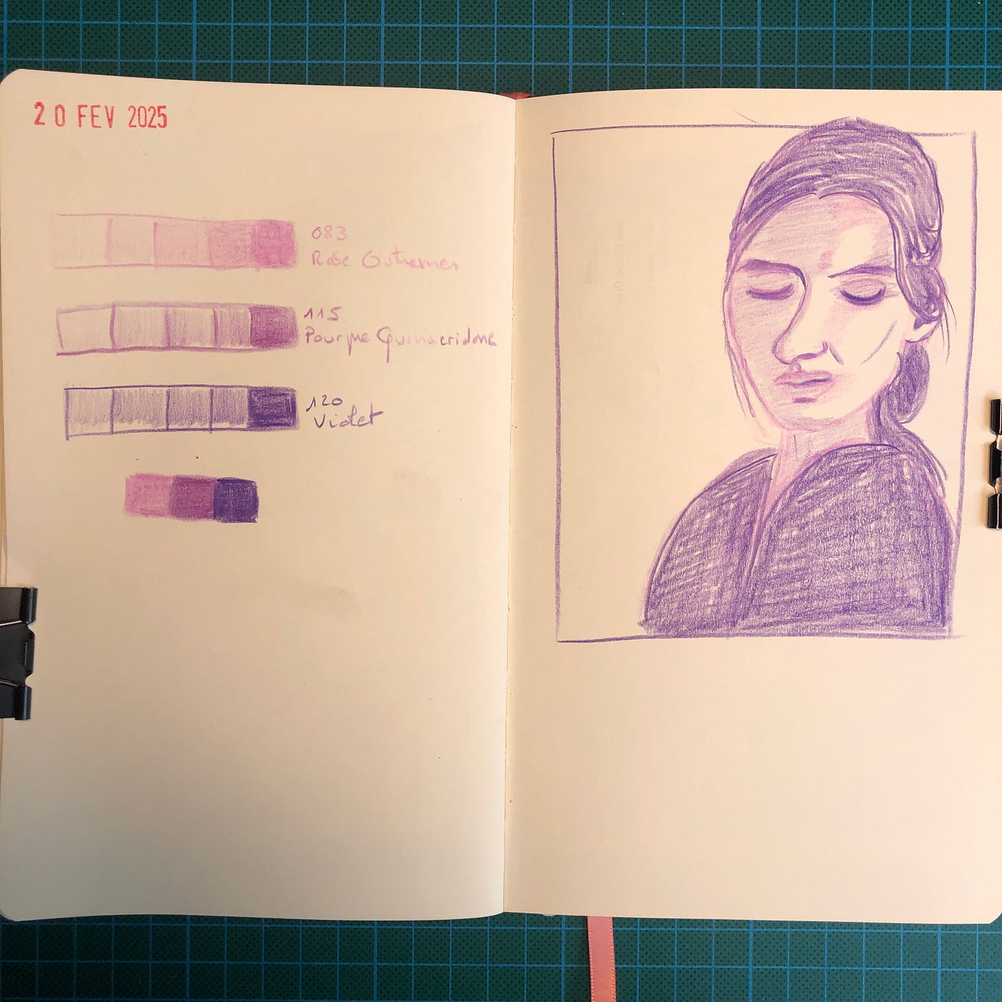 Photo d'une double-page de mon sketchbook. Sur la page de gauche on voit les échelles de 5 valeurs créées avec 3 crayons de couleurs : rose, pourpre quinacridone et violet; sur la page de droite le premier portrait en 15 minutes.
