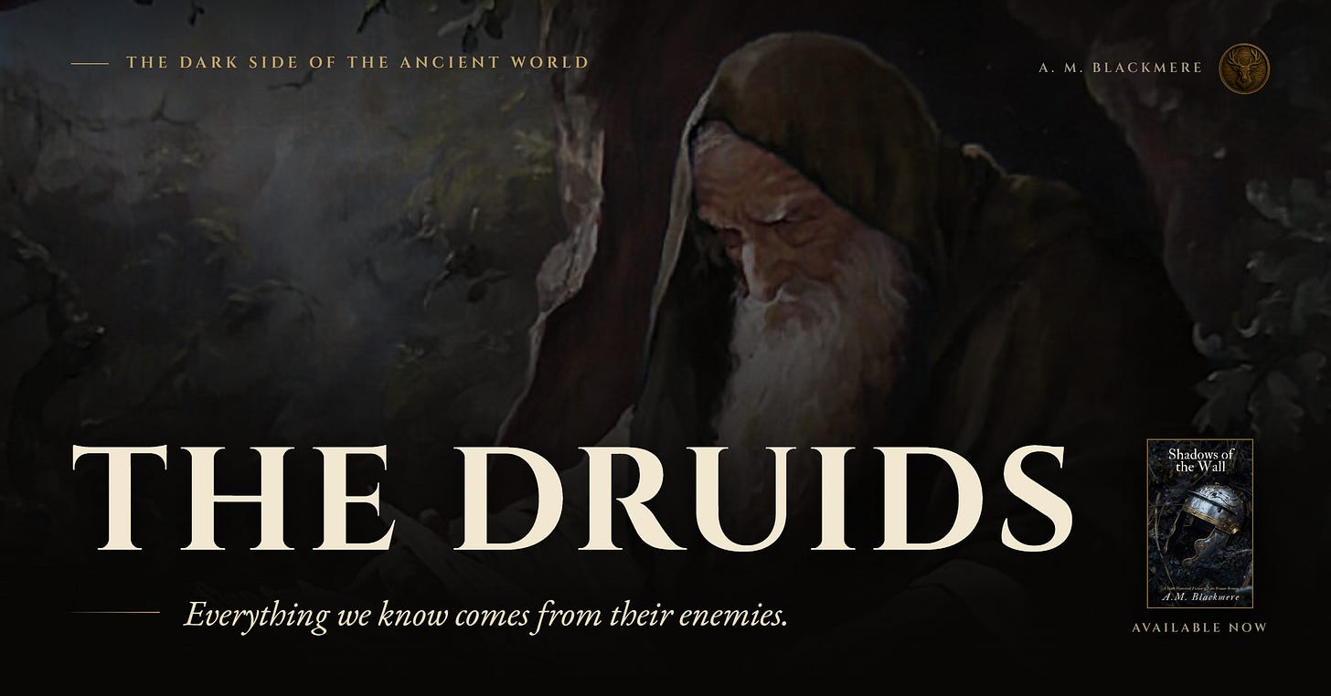 A dark, atmospheric illustration of a bearded Celtic Druid in a hooded cloak holding a wooden staff in a misty forest. The banner text reads "The Druids: Everything we know comes from their enemies," and features the cover for the historical horror novel Shadows of the Wall by A.M. Blackmere.
