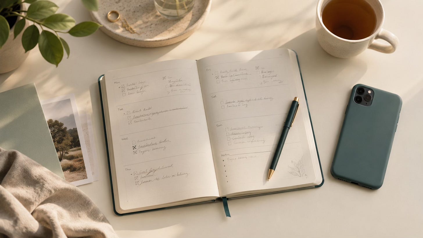 Open notebook with a weekly plan, pen, tea, and phone, representing the pressure-sabotage cycle and the desire to follow through.