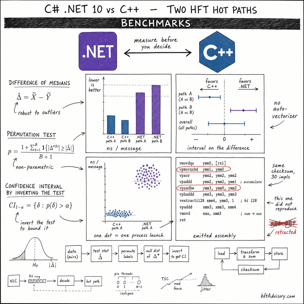 Research-notebook page comparing C# .NET 10 and C++ across two HFT hot paths.