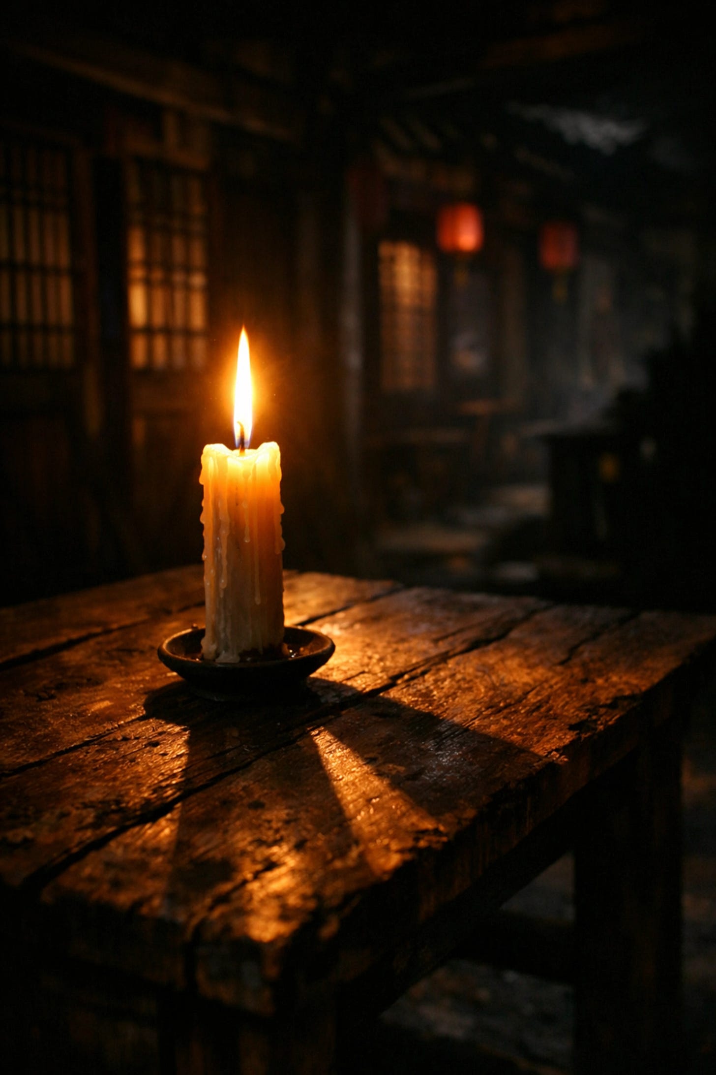 A single candle glowing in a traditional Taiwanese building, symbolizing the light of the Gospel.