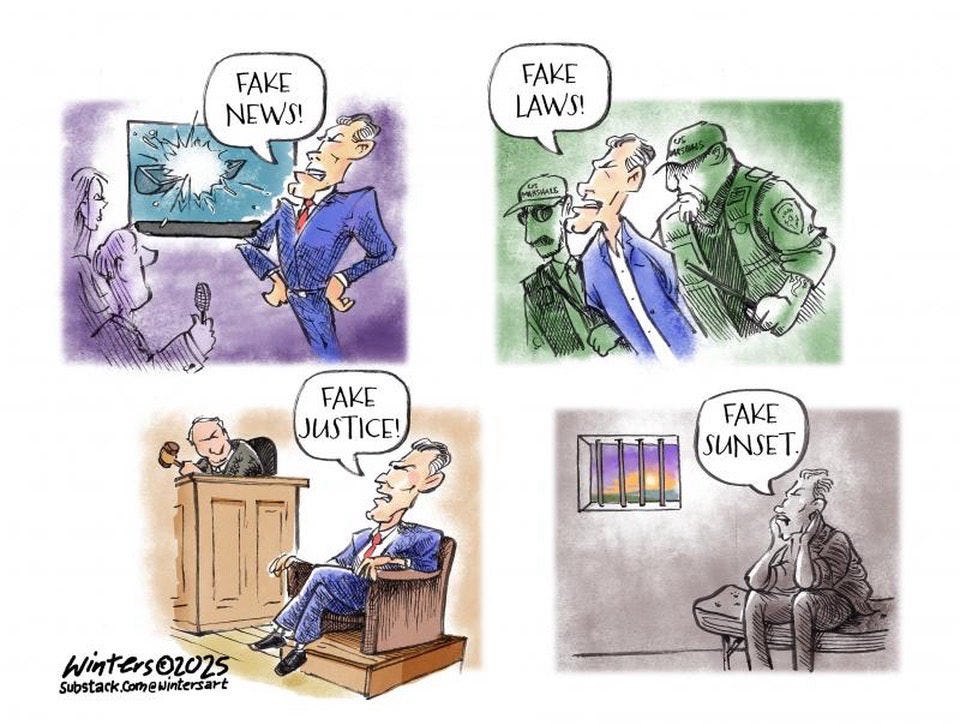 May be pop art of text that says 'FAKE NEWS! FAKE LAWS! ECHALS FAKE JUSTICE! FAKE SUNSET. wintersoz025 Substark.comewintersart Substack.Comek'