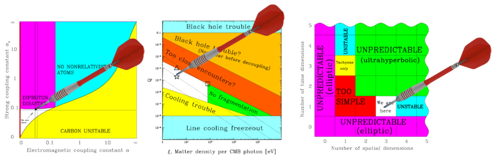 Dartboards of the fundamental constants of nature. The bull's eye marks a life friendly range.