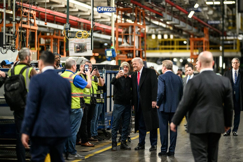 President Donald Trump talks with workers at Ford's F-150 factory in Dearborn. Jan. 13, 2025 | White House photo